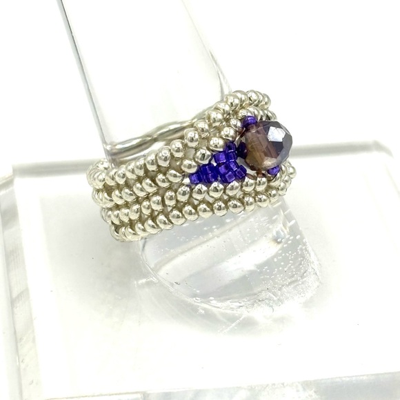 Hand Crafted Beaded Ring Silver and Purple Crystal - Picture 3 of 5